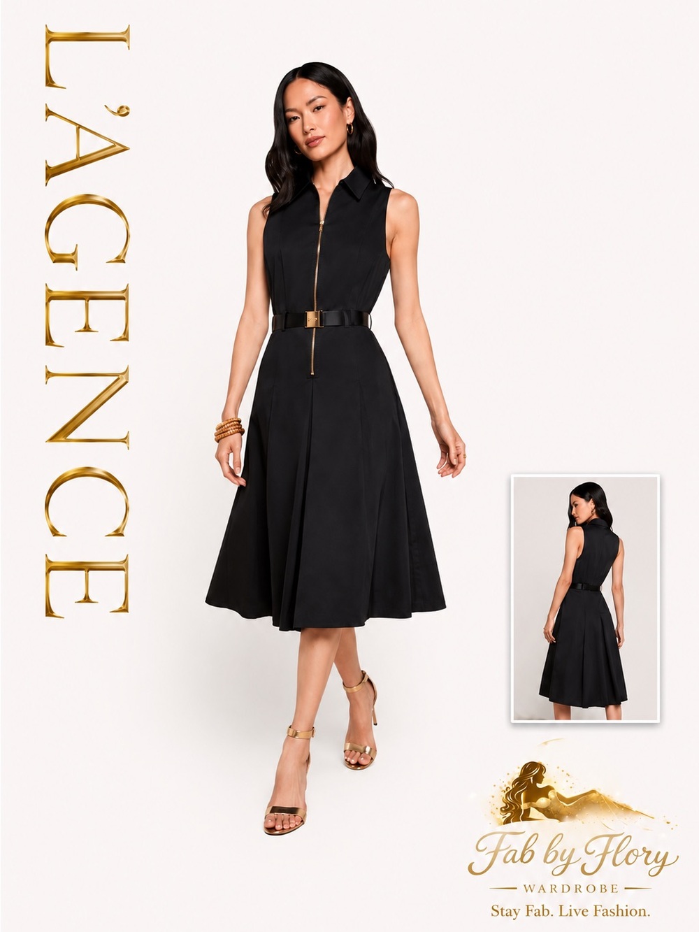 L’AGENCE Kylo Poplin Shirt Dress Black Sleeveless Zip Midi Dress Belt Missing